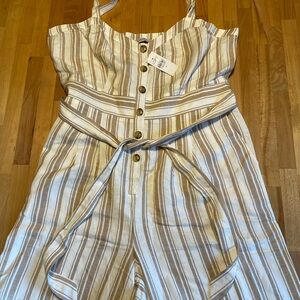 LOFT Tan and White Striped Jumpsuit with Defined Waist